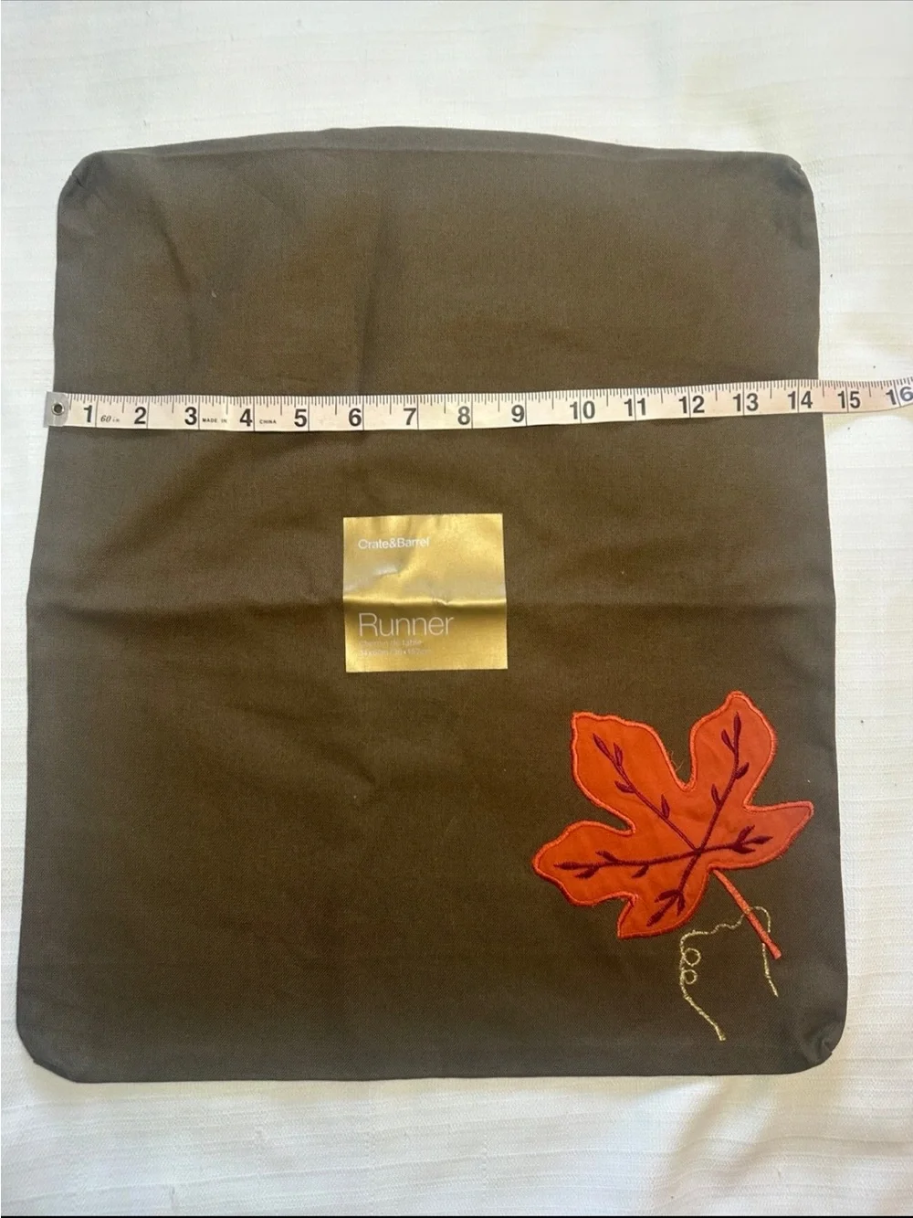 Crate & Barrel Cotton Pillow Cover Brown Embroidered Fall Leaf New 14x16